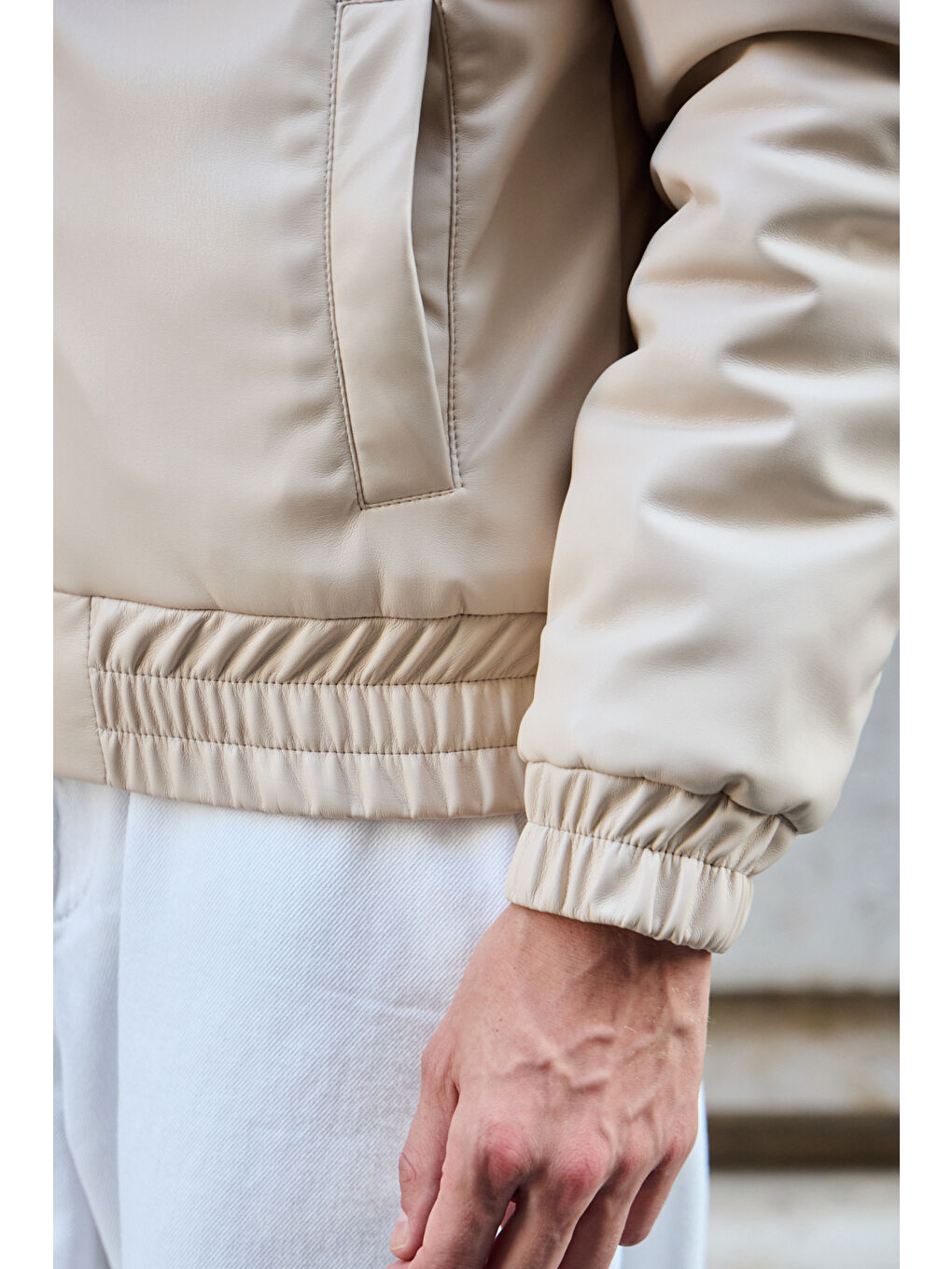 Bej Erkek Limited Edition Deri Mont Ceket Taş-7