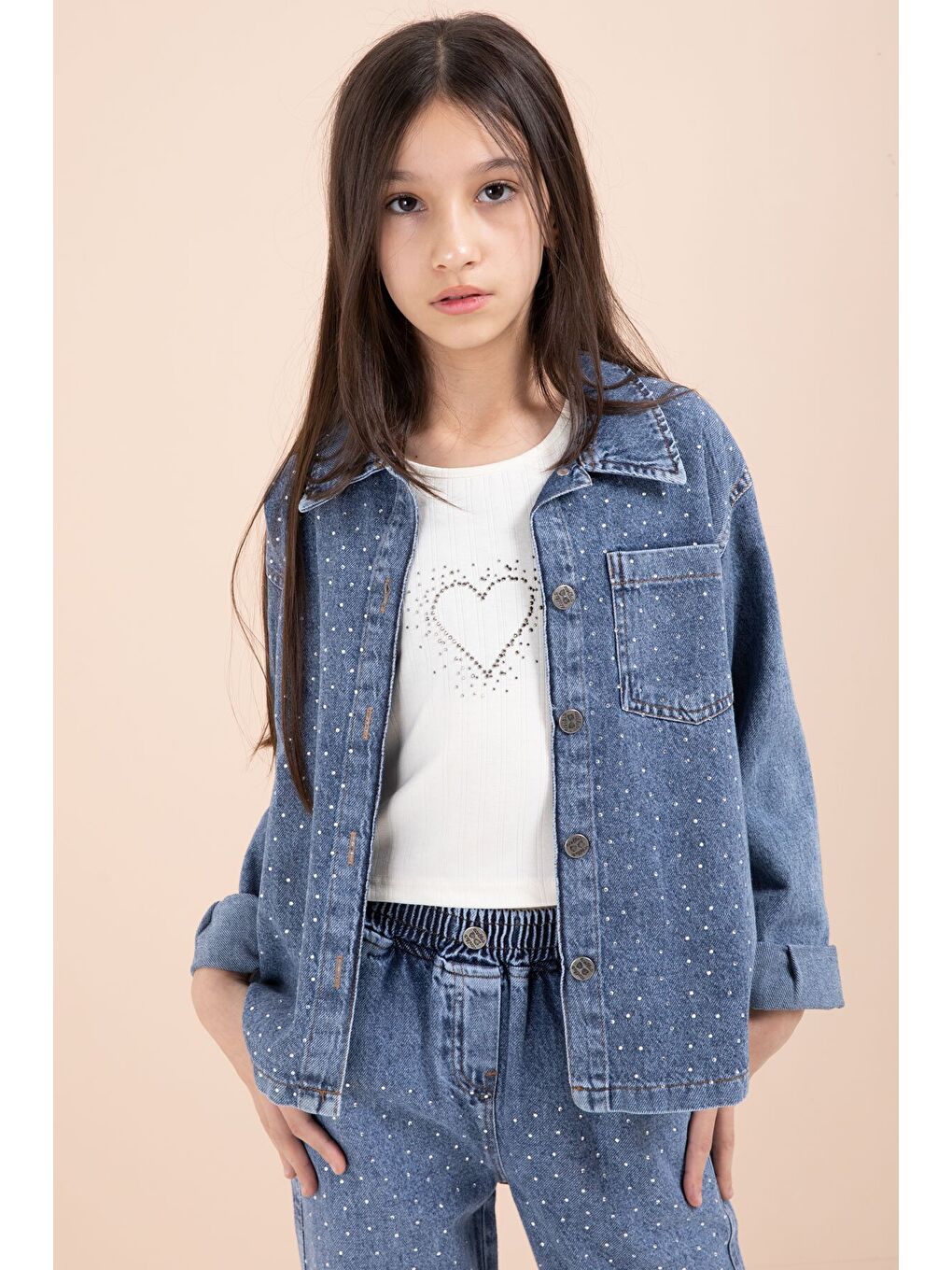 Mavi Taşlı Jean Gömlekli Kız Çocuk Geniş Paça 3lü Jean Takım 23441-1