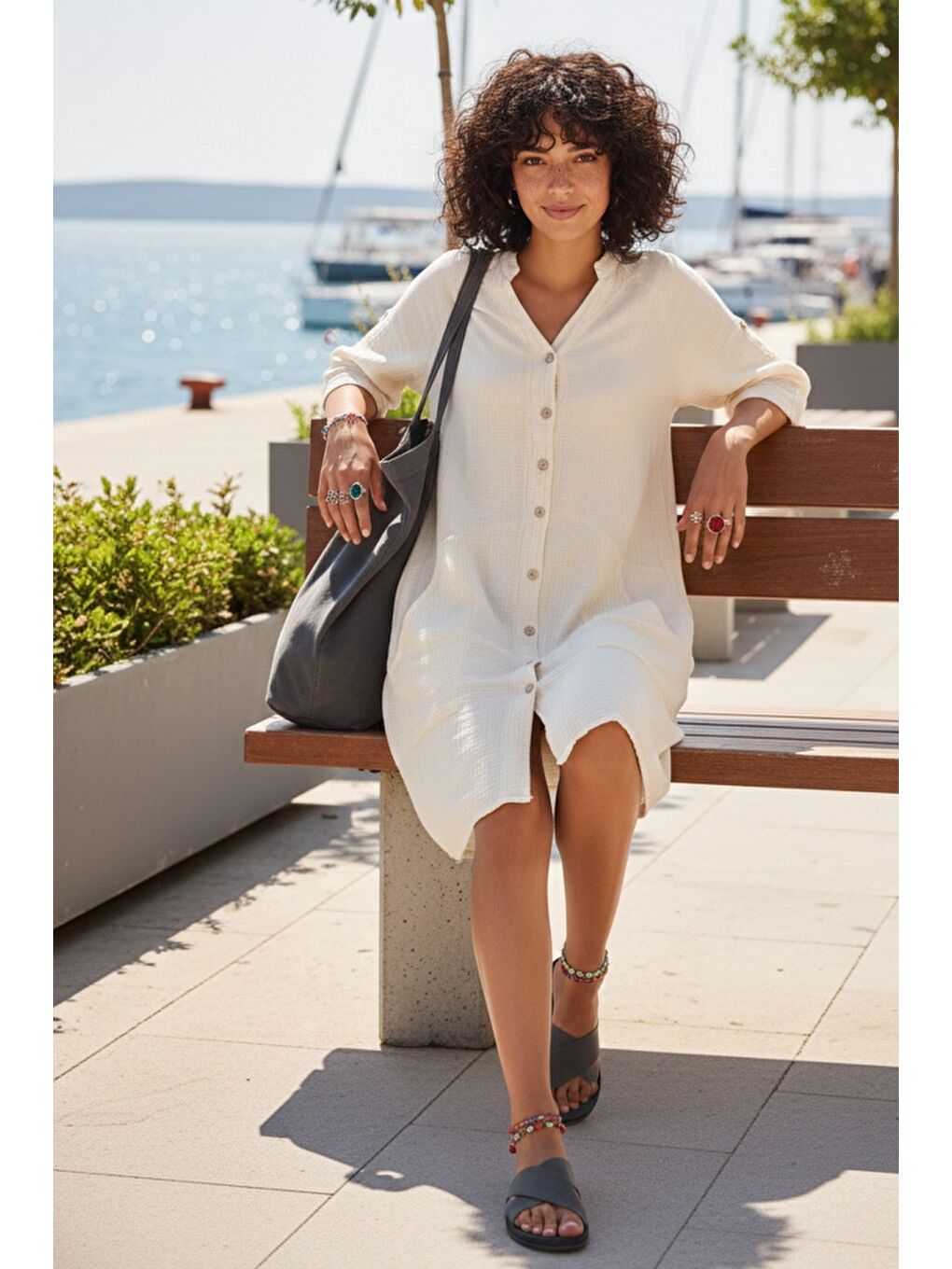 Bej Hakim Yaka Düğmeli 3/4 Kol Kanguru Cepli Casual Müslin Salaş Dokuma Elbise 102 67-1