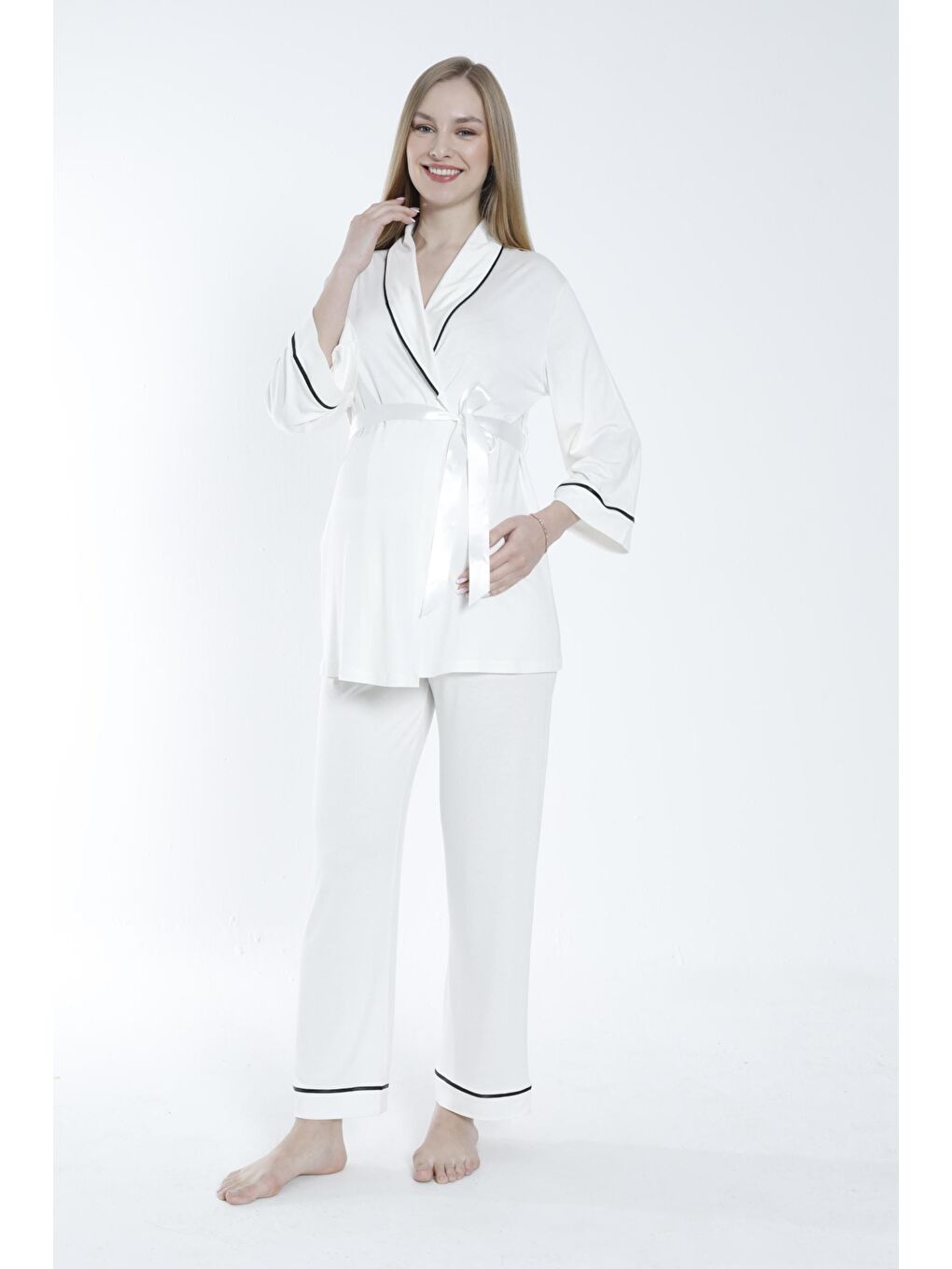 Beyaz Önden Bağlamalı Geniş Şerit Yakalı Hamile ve Lohusa Pijama Takımı-1
