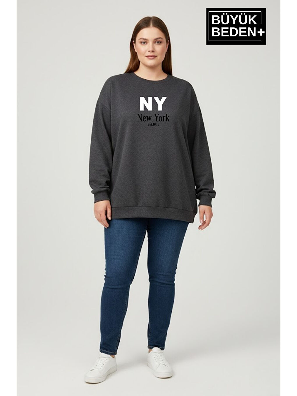 Antrasit Kadın Büyük Beden NY Newyork Baskılı Bisiklet Yaka ince Sweatshirt SPR26BSWK956-15