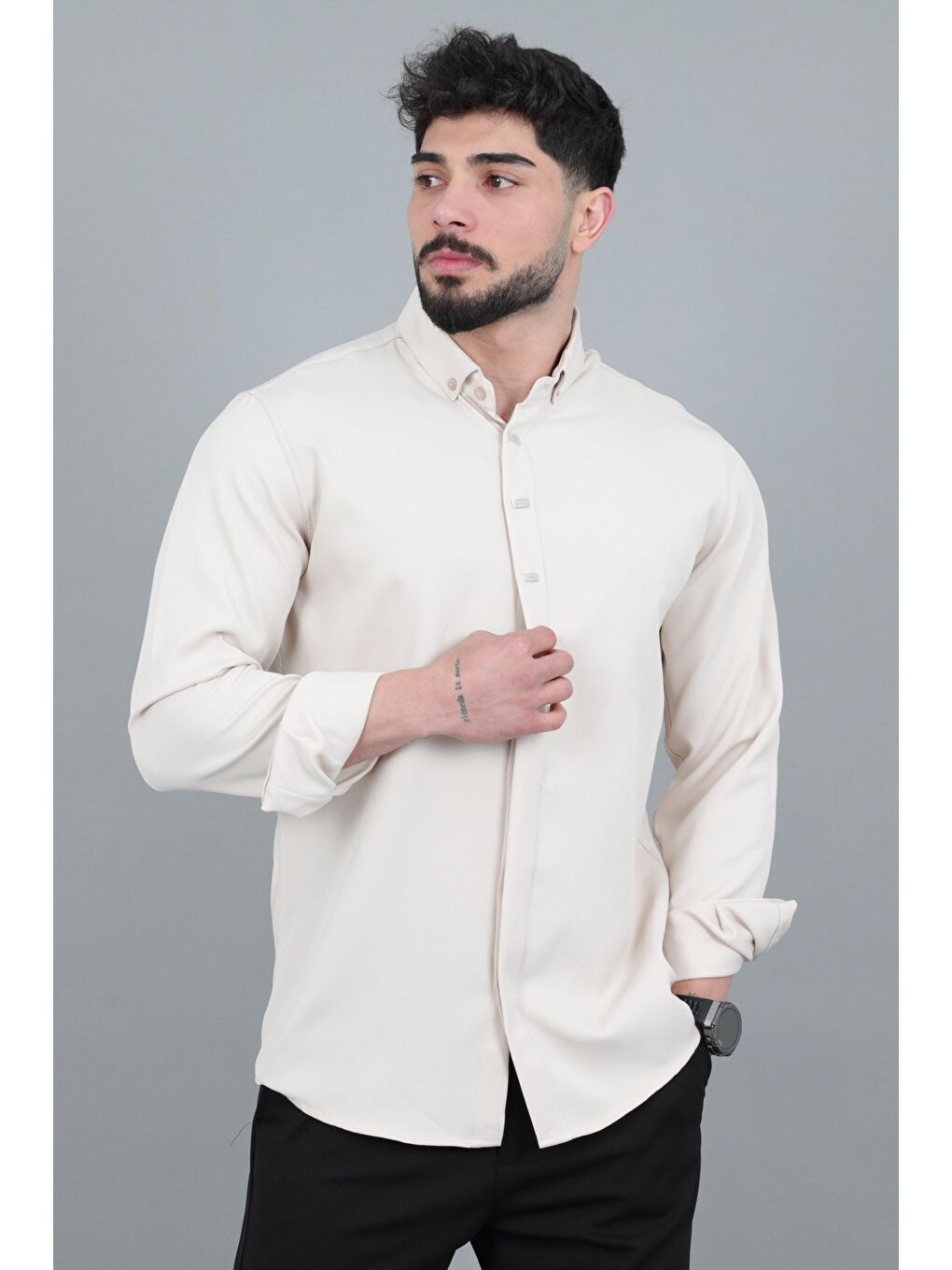 Bej Düğme Detay Premium Yazlık Uzun Kol Gömlek QCM 6727_40419-2