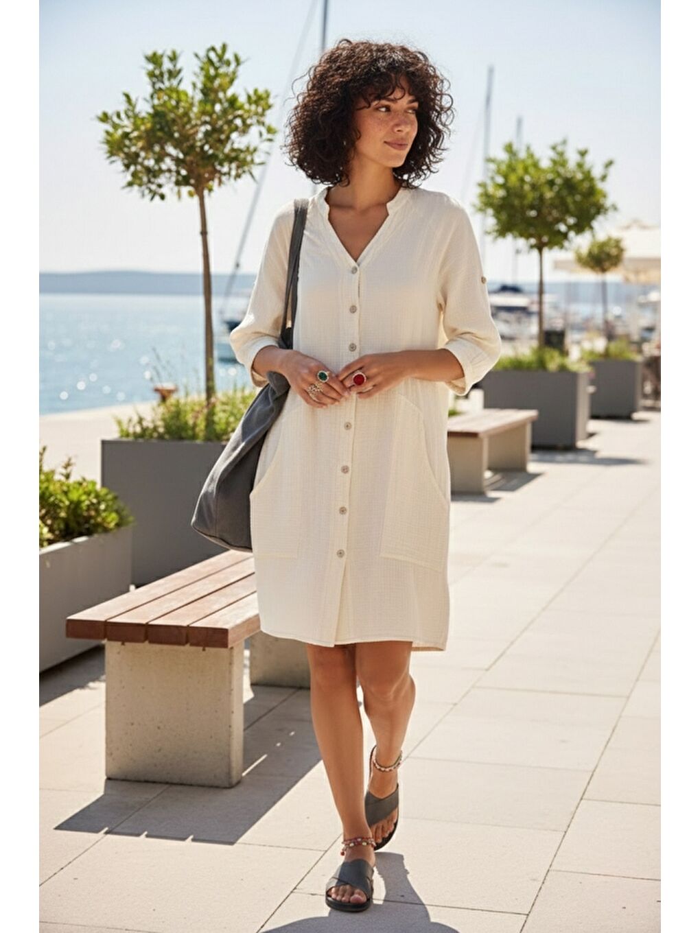 Bej Hakim Yaka Düğmeli 3/4 Kol Kanguru Cepli Casual Müslin Salaş Dokuma Elbise 102 67-2