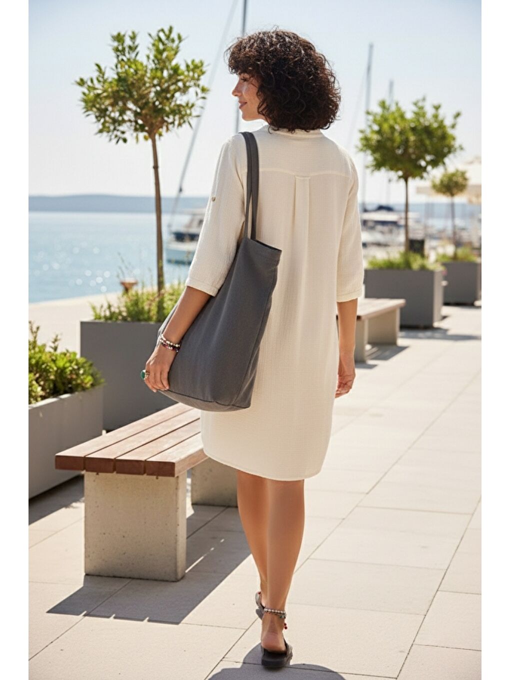 Bej Hakim Yaka Düğmeli 3/4 Kol Kanguru Cepli Casual Müslin Salaş Dokuma Elbise 102 67-3