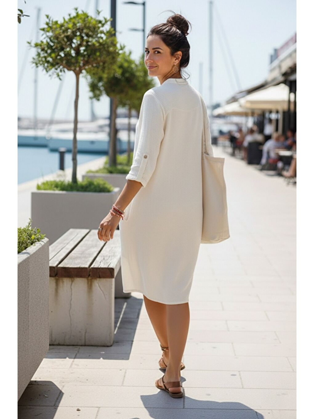 Bej Hakim Yaka Düğmeli 3/4 Kol Kanguru Cepli Casual Müslin Salaş Dokuma Elbise 102 67-4