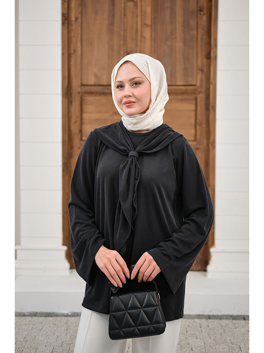 Kadın Yaka Pelerin Bağlamalı Bisiklet Yaka Tunik Siyah-3