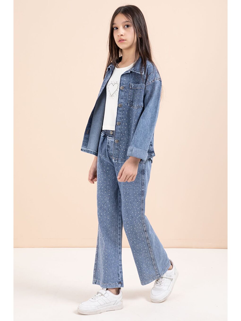 Mavi Taşlı Jean Gömlekli Kız Çocuk Geniş Paça 3lü Jean Takım 23441-2