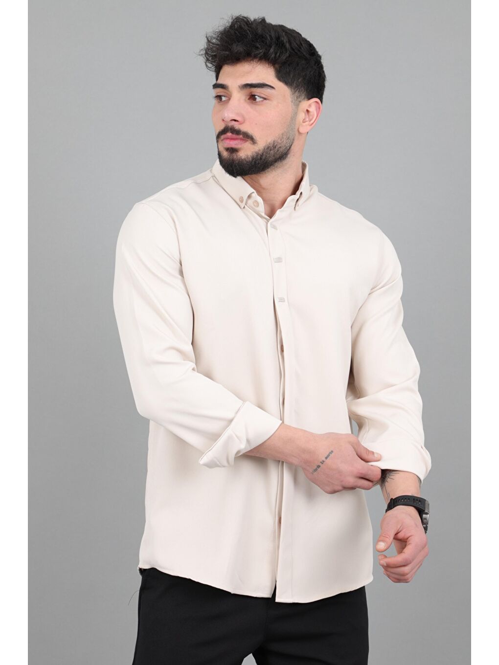 Bej Düğme Detay Premium Yazlık Uzun Kol Gömlek QCM 6727_40419-3