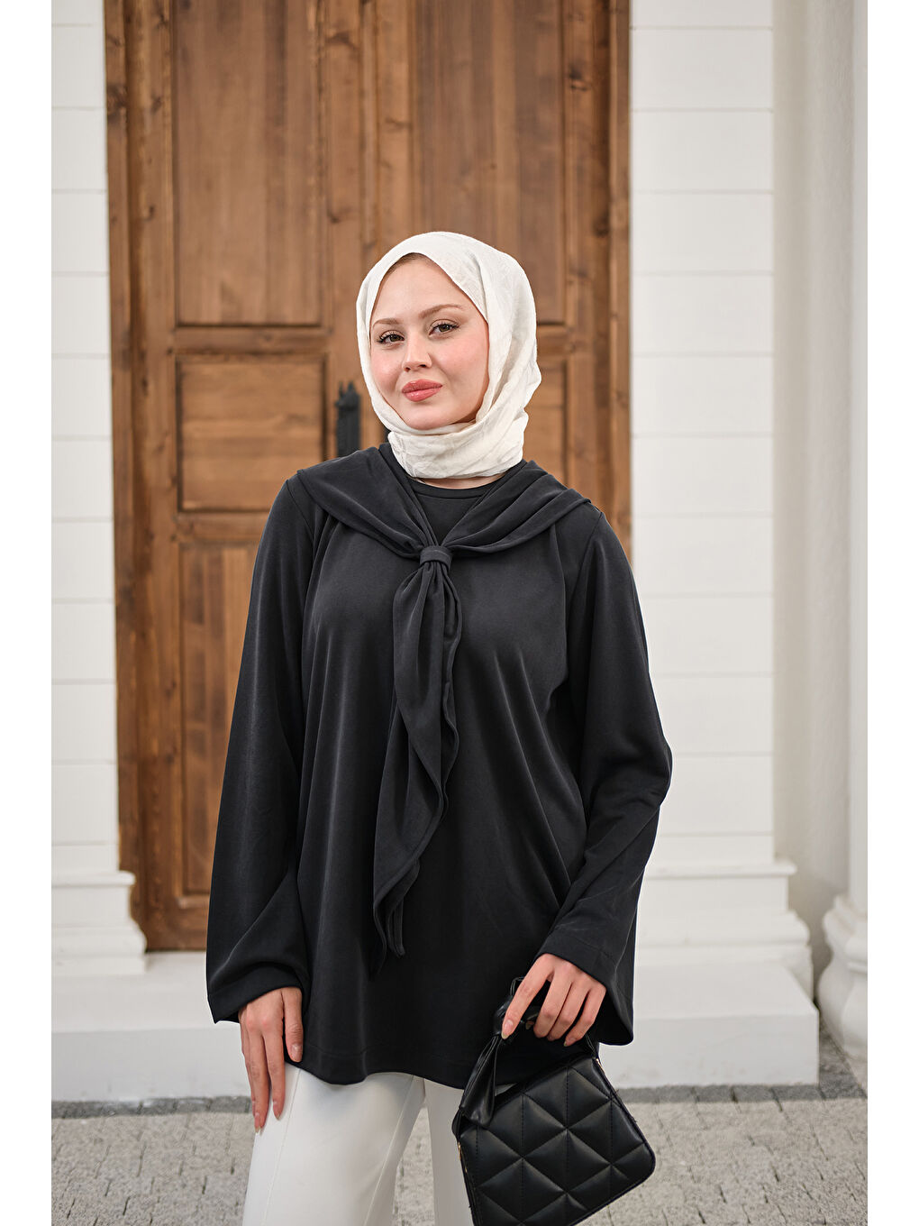 Kadın Yaka Pelerin Bağlamalı Bisiklet Yaka Tunik Siyah-4