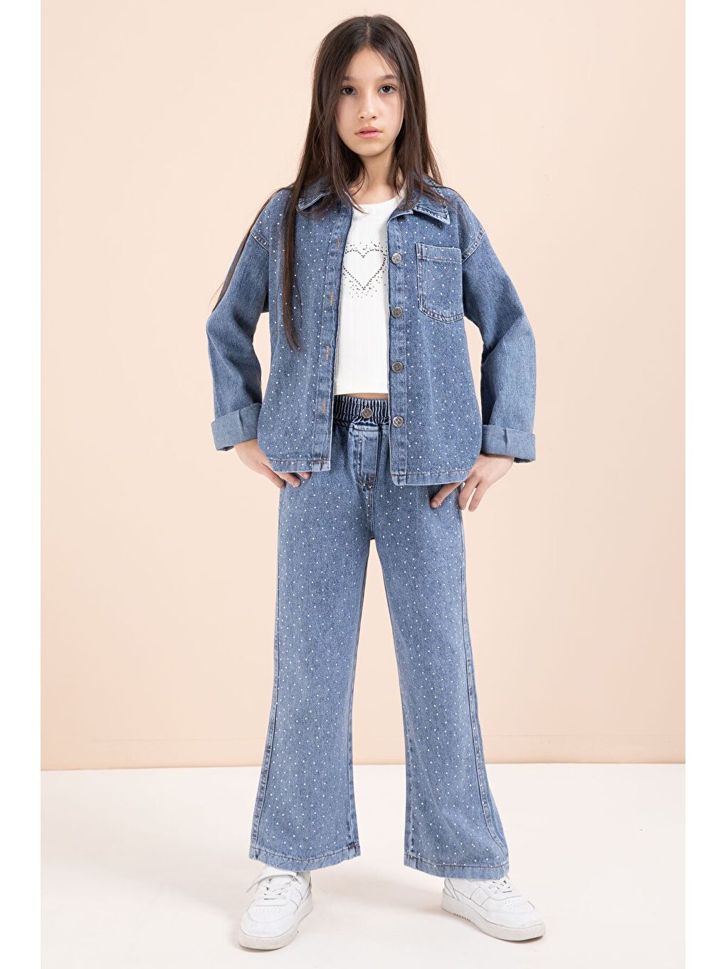 Mavi Taşlı Jean Gömlekli Kız Çocuk Geniş Paça 3lü Jean Takım 23441-3
