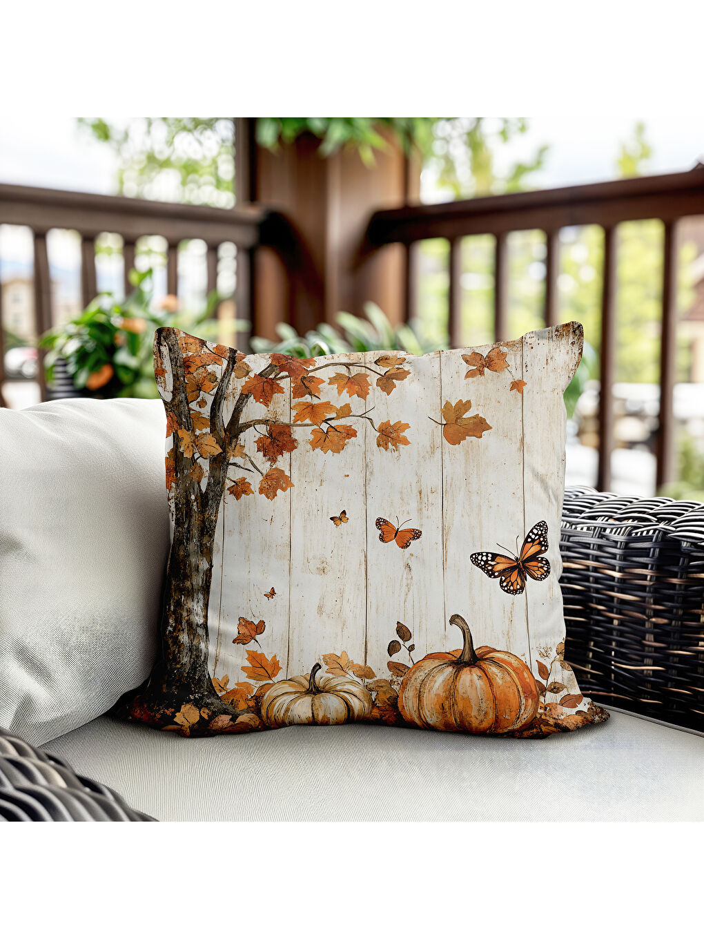 Karışık Çift Taraf Baskılı Kadife Doku Sonbahar Ve Kabak Desenli Kırlent Kılıfı