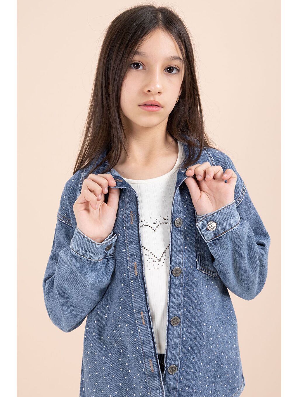 Mavi Taşlı Jean Gömlekli Kız Çocuk Geniş Paça 3lü Jean Takım 23441-4