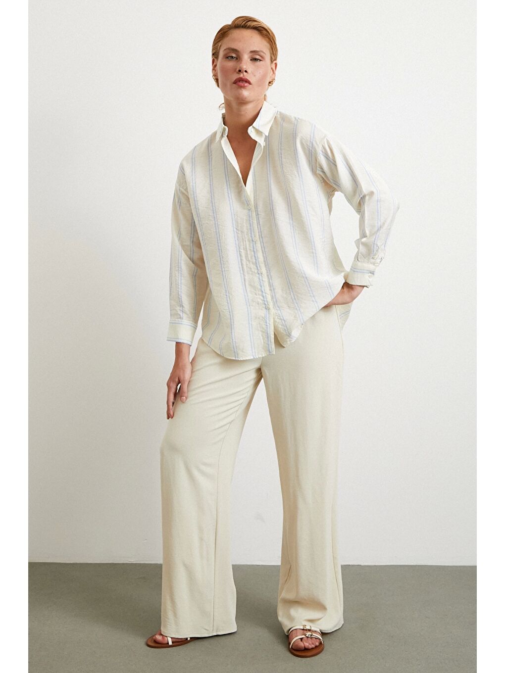 Çift Çizgili Modal Gömlek Mavi-1