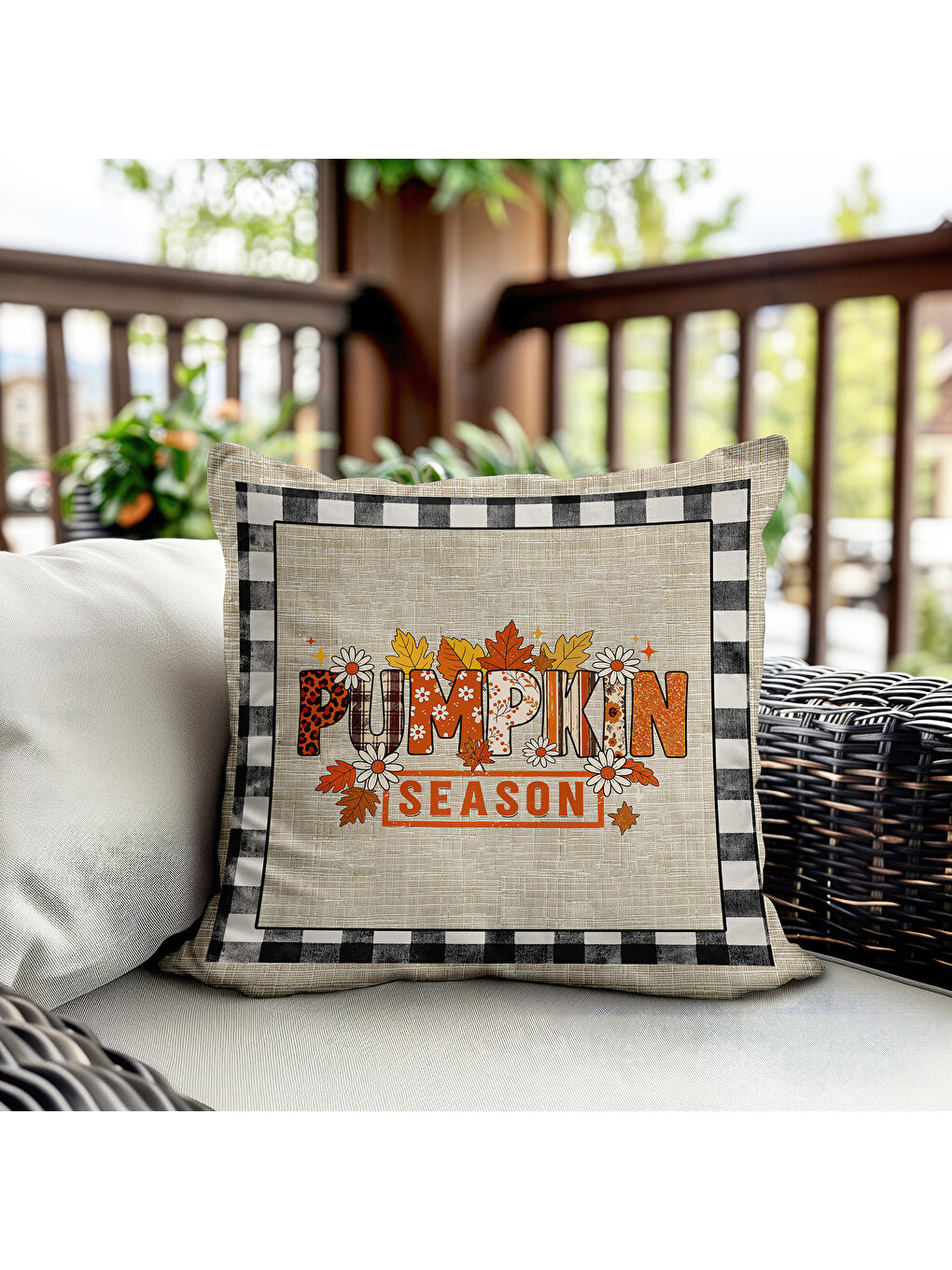 Karışık Çift Taraf Baskılı Kadife Doku Sonbahar Ve Kabak Desenli Kırlent Kılıfı