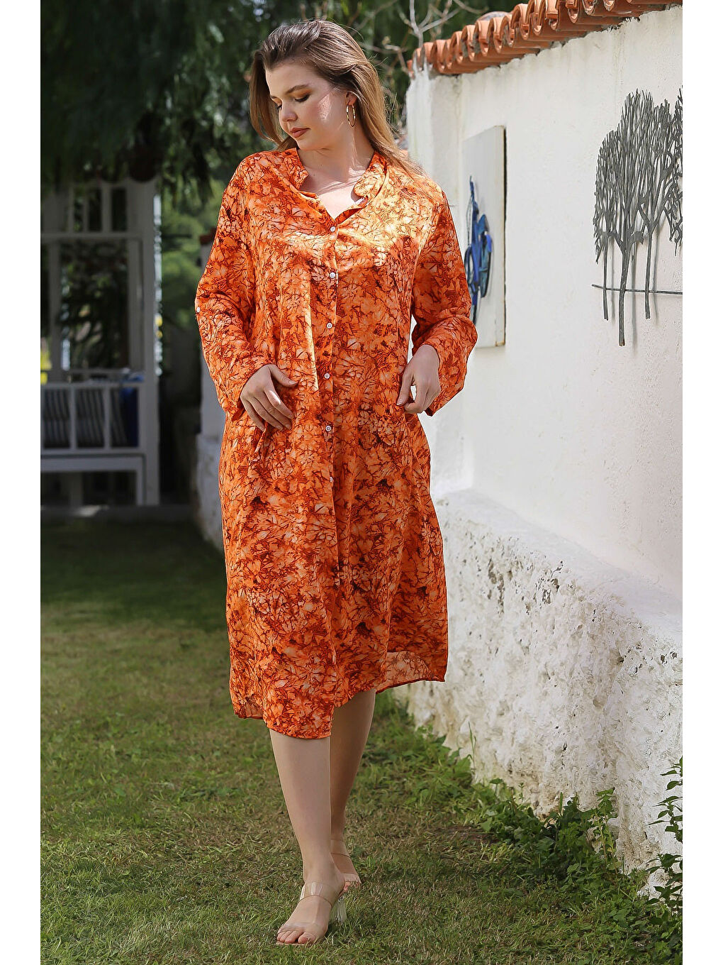 Turuncu Hakim Yaka Düğmeli Uzun Kollu Gizli Cepli Casual Viskon Dokuma Elbise 125 65