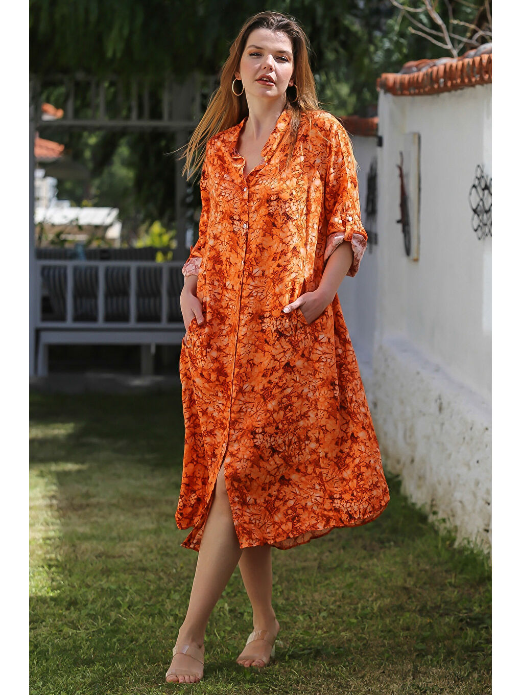 Turuncu Hakim Yaka Düğmeli Uzun Kollu Gizli Cepli Casual Viskon Dokuma Elbise 125 65-1