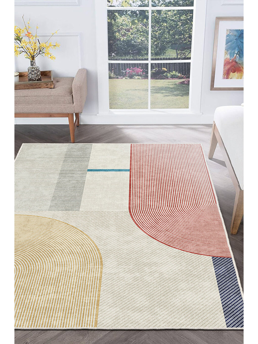 Bej Dekoratif Özel Tasarım Yıkanabilir İnce Kaymaz Tabanlı Modern Halı KECE FR49-2