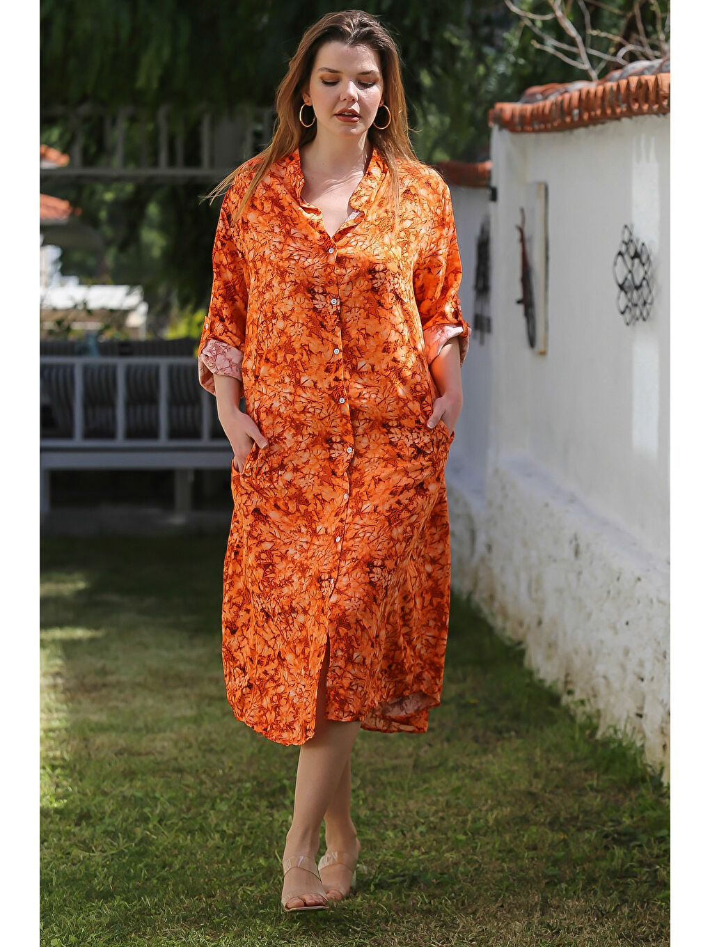 Turuncu Hakim Yaka Düğmeli Uzun Kollu Gizli Cepli Casual Viskon Dokuma Elbise 125 65-2