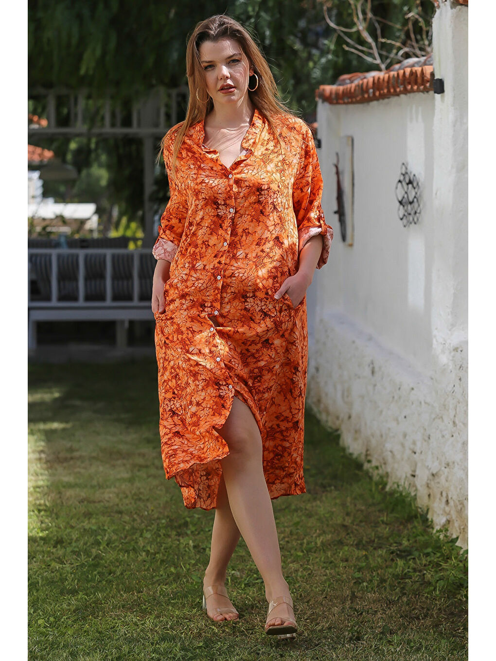 Turuncu Hakim Yaka Düğmeli Uzun Kollu Gizli Cepli Casual Viskon Dokuma Elbise 125 65-3