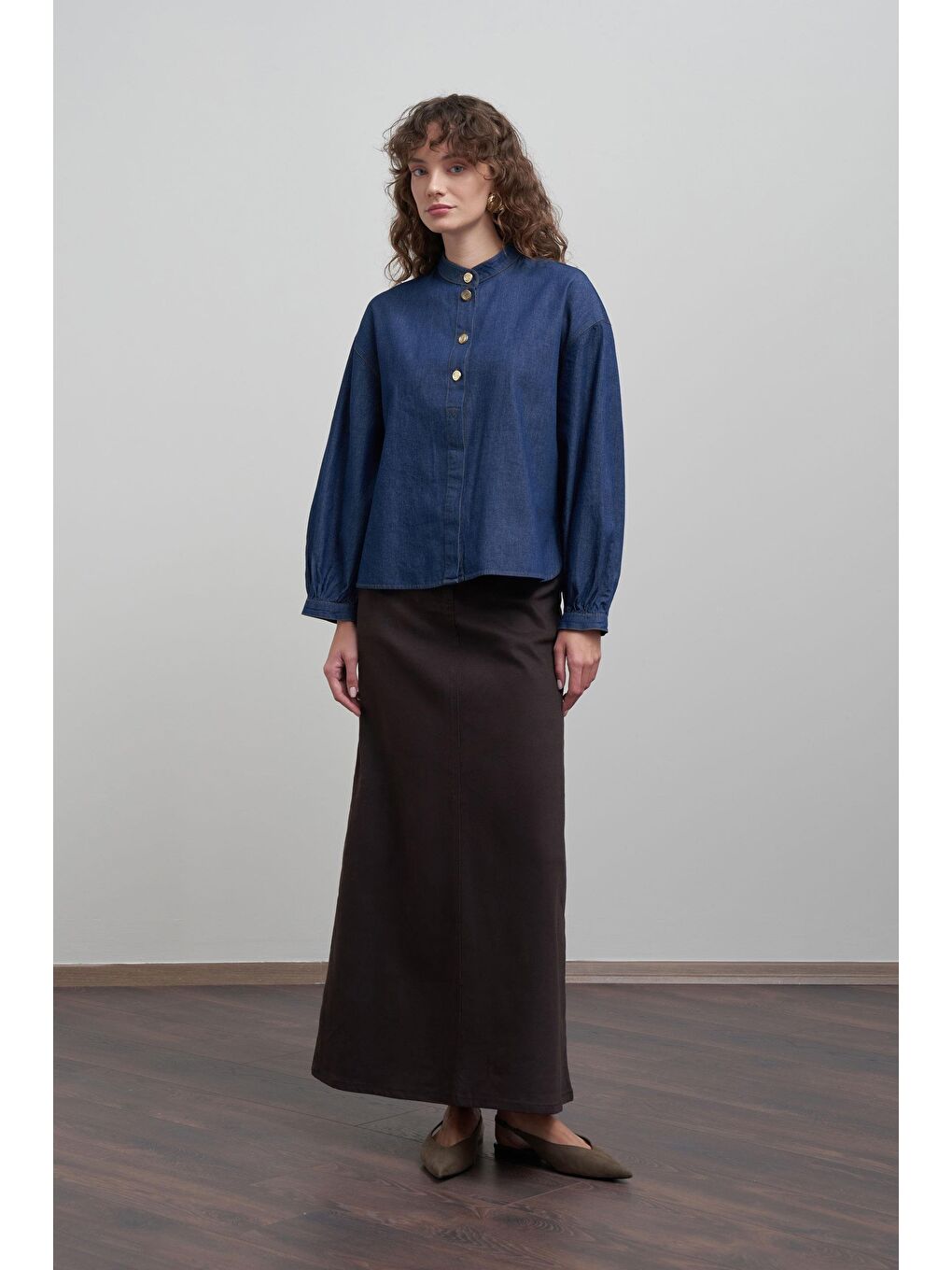 Koyu Mavi-Gold Dügmeli Denim Gömlek-1