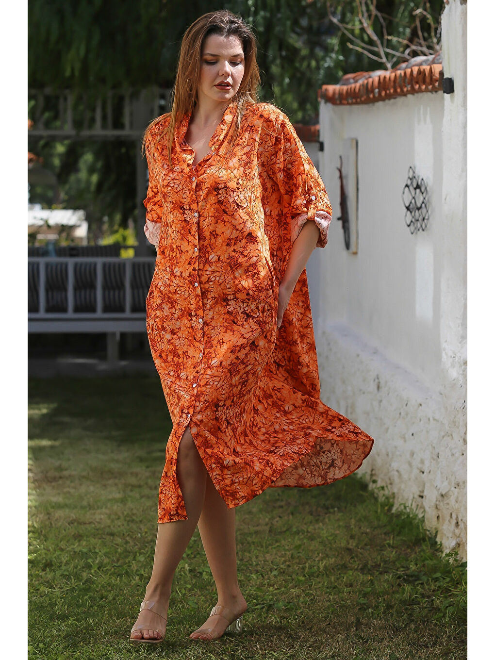 Turuncu Hakim Yaka Düğmeli Uzun Kollu Gizli Cepli Casual Viskon Dokuma Elbise 125 65-6