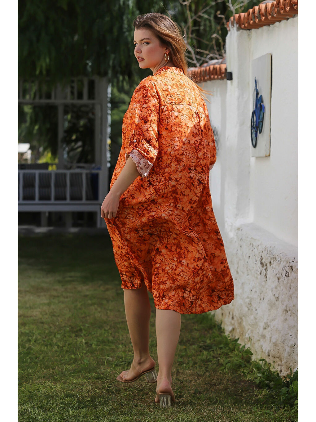 Turuncu Hakim Yaka Düğmeli Uzun Kollu Gizli Cepli Casual Viskon Dokuma Elbise 125 65-7