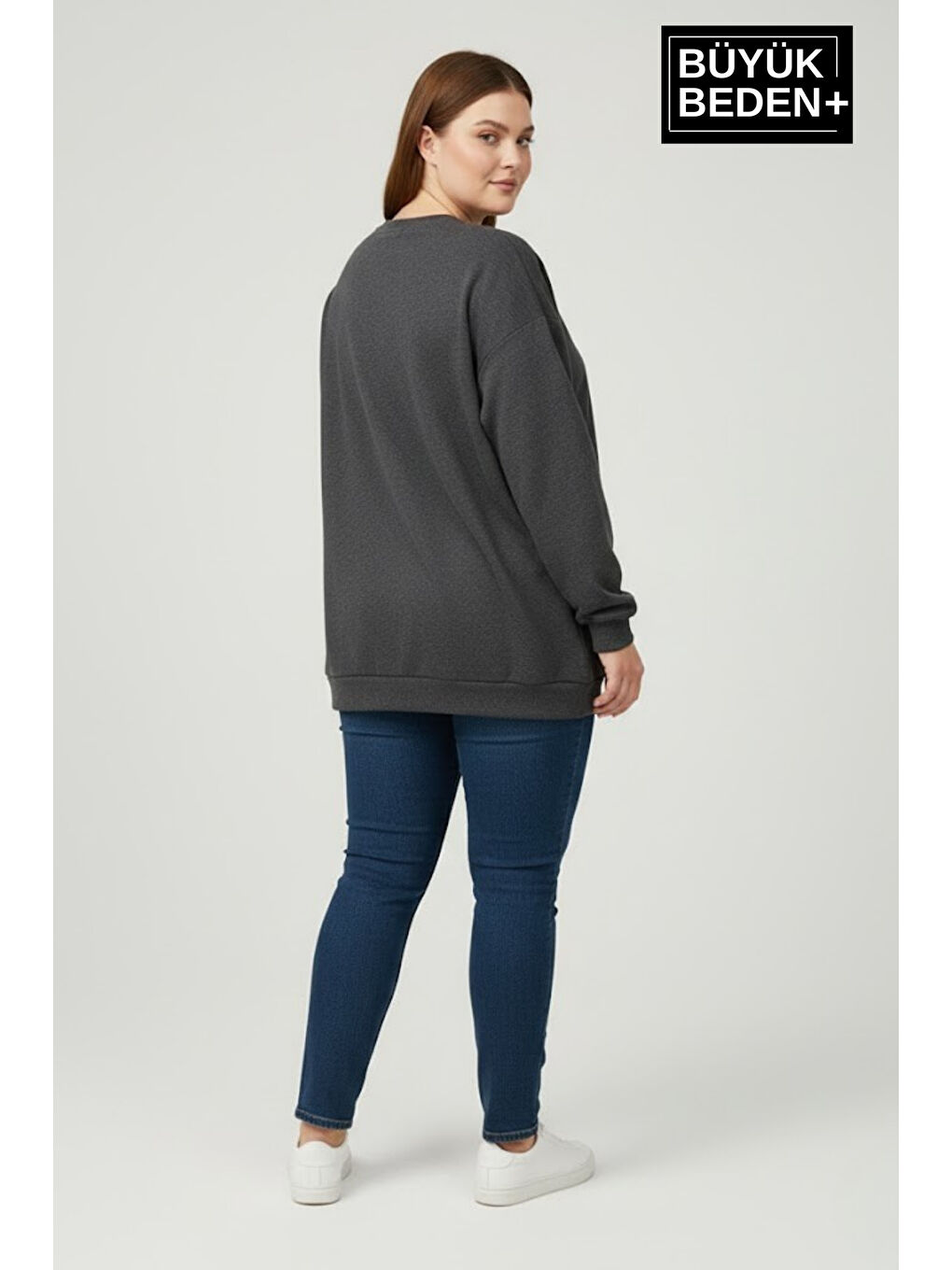 Antrasit Kadın Büyük Beden A Baskılı Bisiklet Yaka ince Sweatshirt SPR26BSWK956-12-1