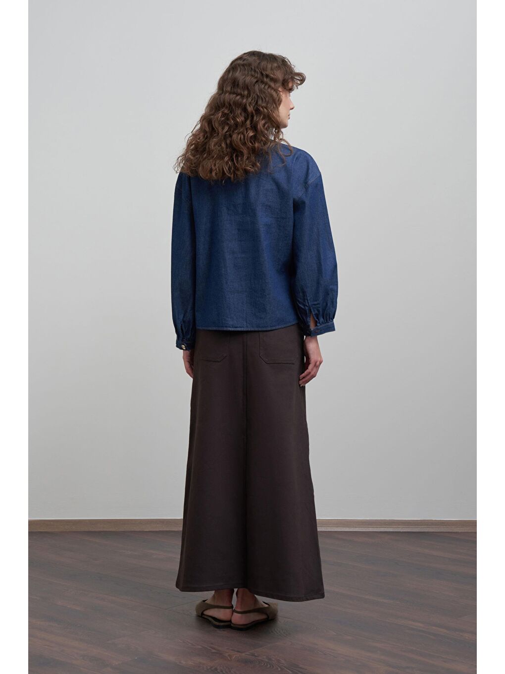 Koyu Mavi-Gold Dügmeli Denim Gömlek-3