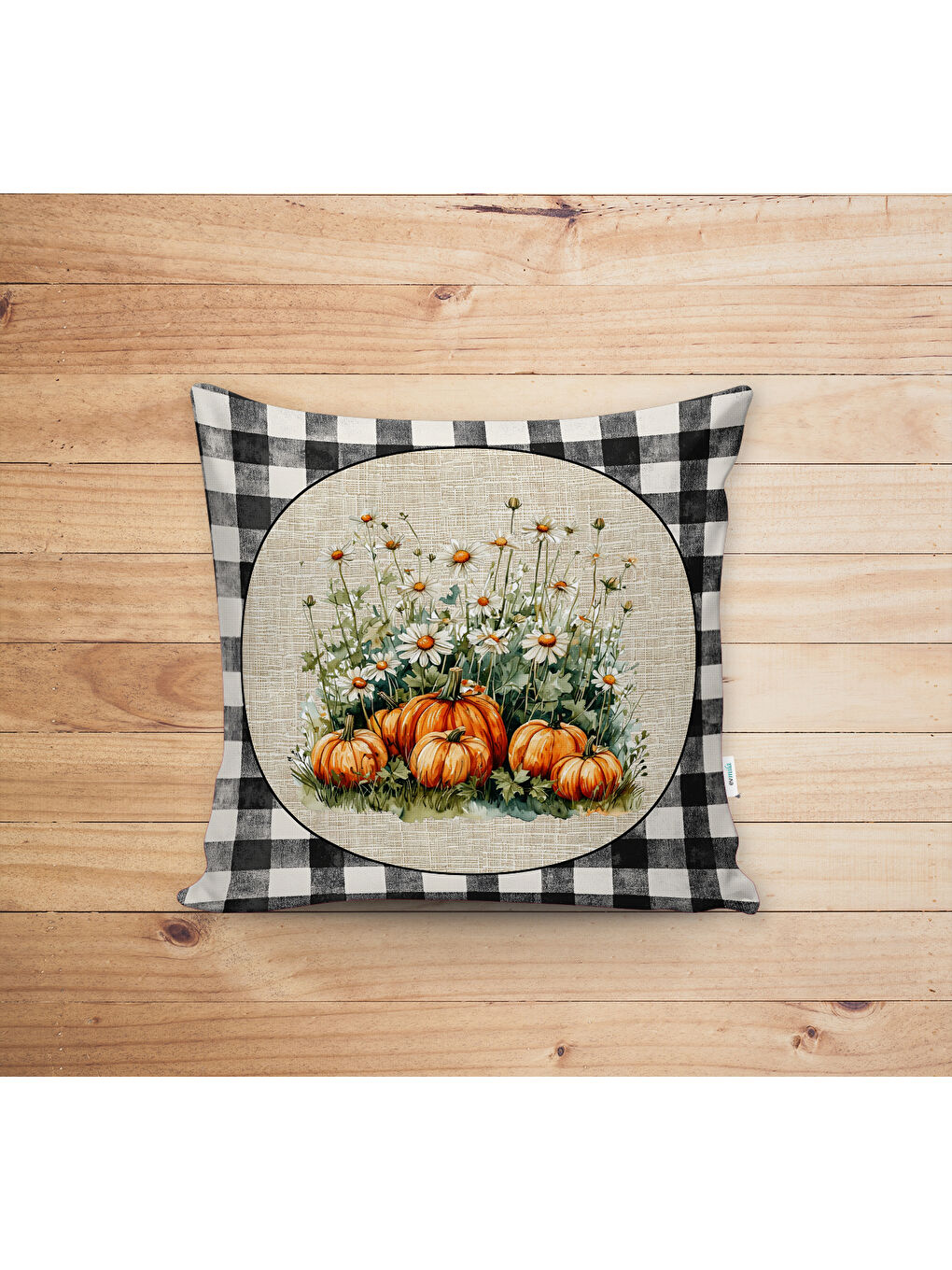 Karışık Çift Taraf Baskılı Kadife Doku Sonbahar Ve Kabak Desenli Kırlent Kılıfı-1