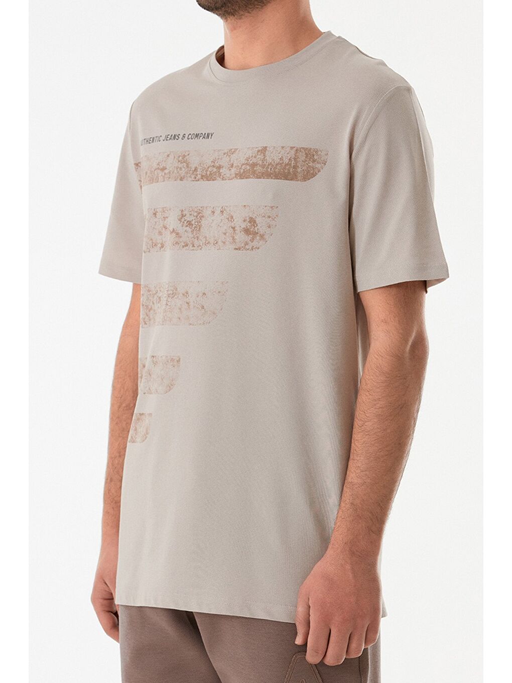 Bej Yazı Baskılı Bisiklet Yaka Tişört-4