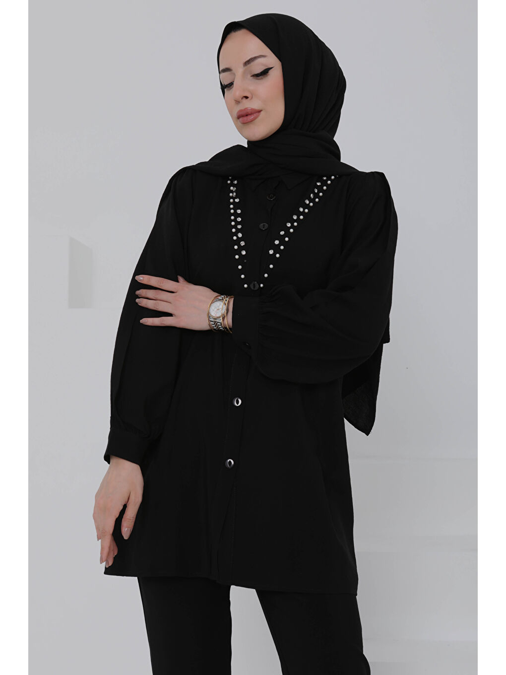 Modal Taşlı İkili Takım Siyah - 27019-1