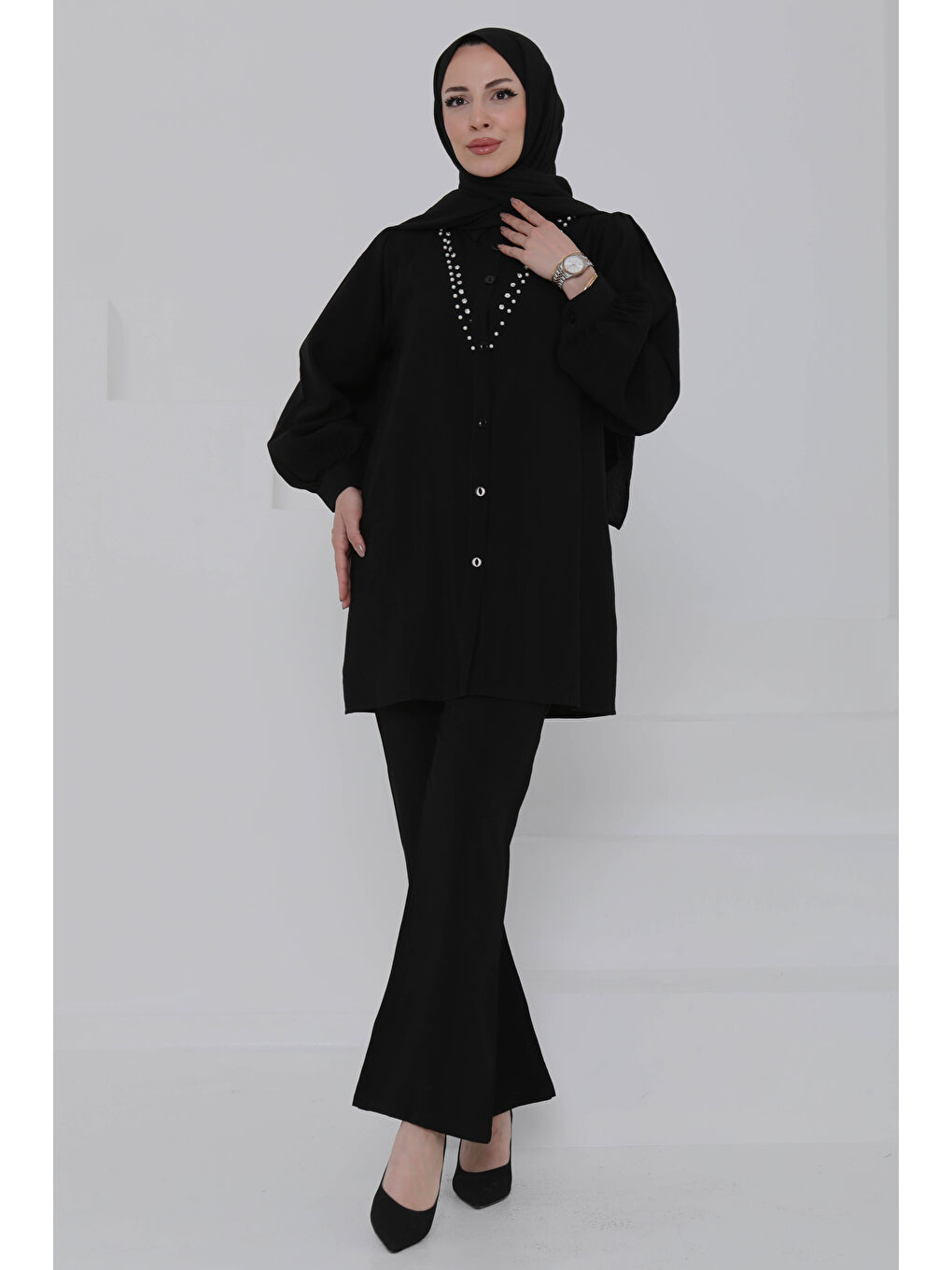 Modal Taşlı İkili Takım Siyah - 27019-2