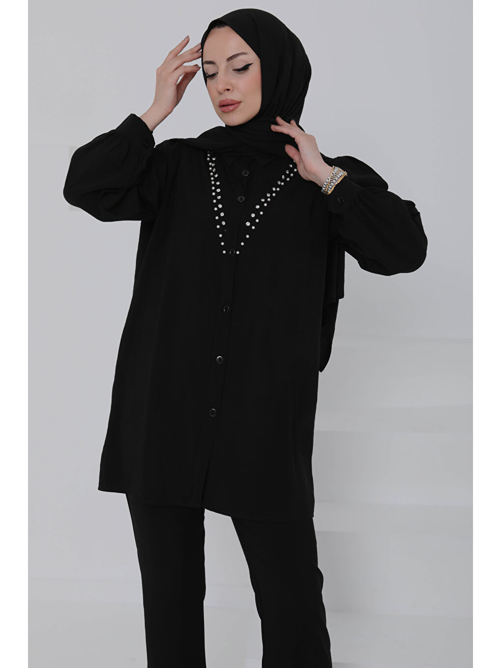 Modal Taşlı İkili Takım Siyah - 27019-3