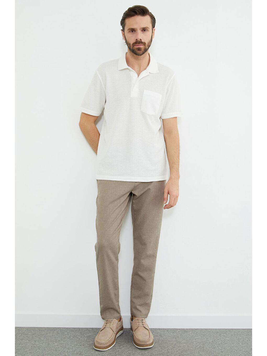 Ekru Desenli Tek Cepli Polo Yaka Tişört-2