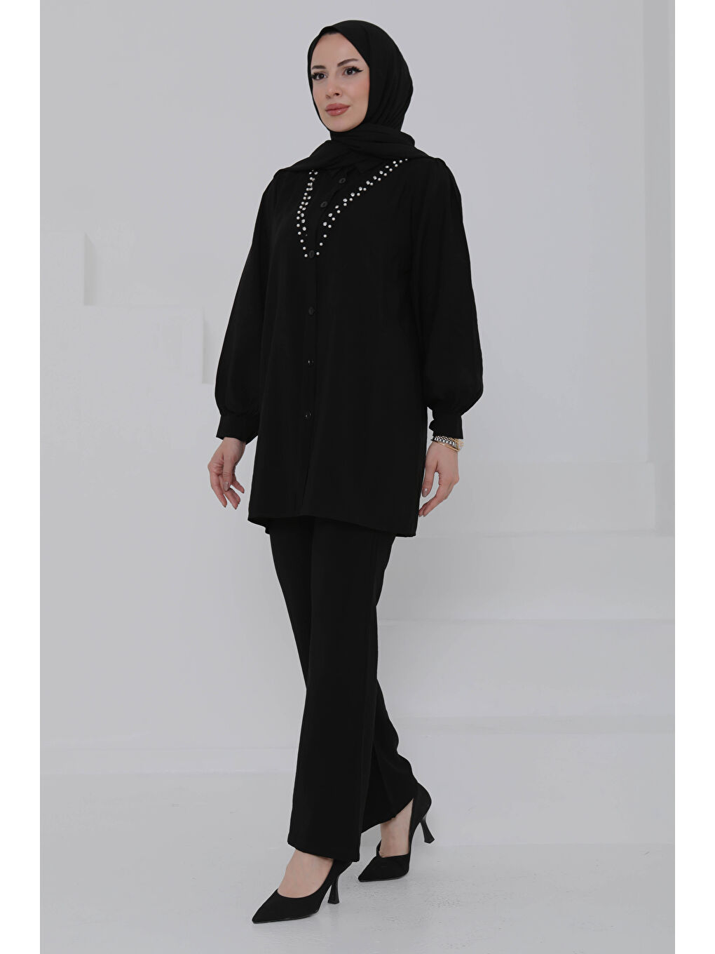 Modal Taşlı İkili Takım Siyah - 27019-4