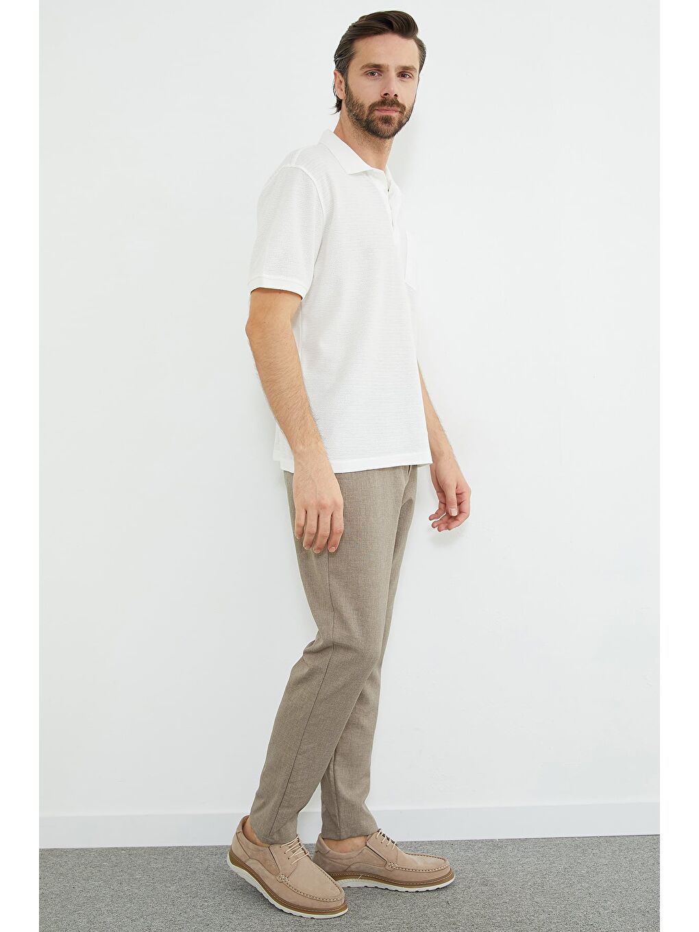 Ekru Desenli Tek Cepli Polo Yaka Tişört-3