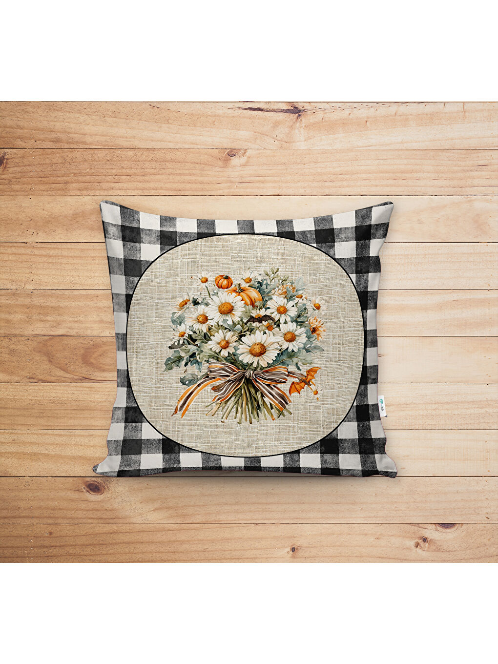 Karışık Çift Taraf Baskılı Kadife Doku Sonbahar Ve Kabak Desenli Kırlent Kılıfı-1