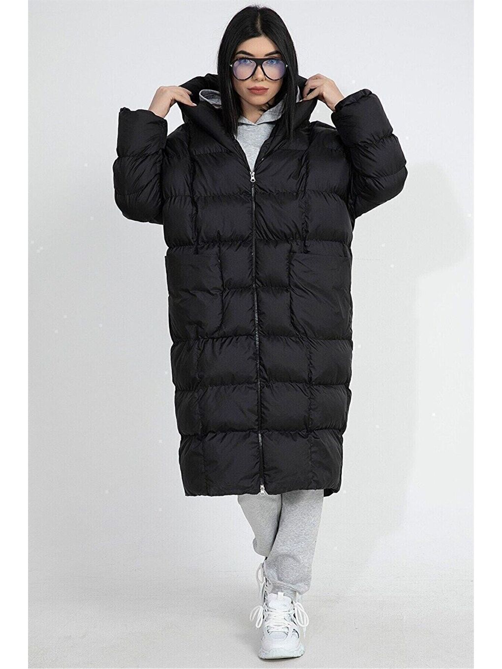 Kapüşonlu Uzun Oversize Şişme Kadın Mont - Siyah-3