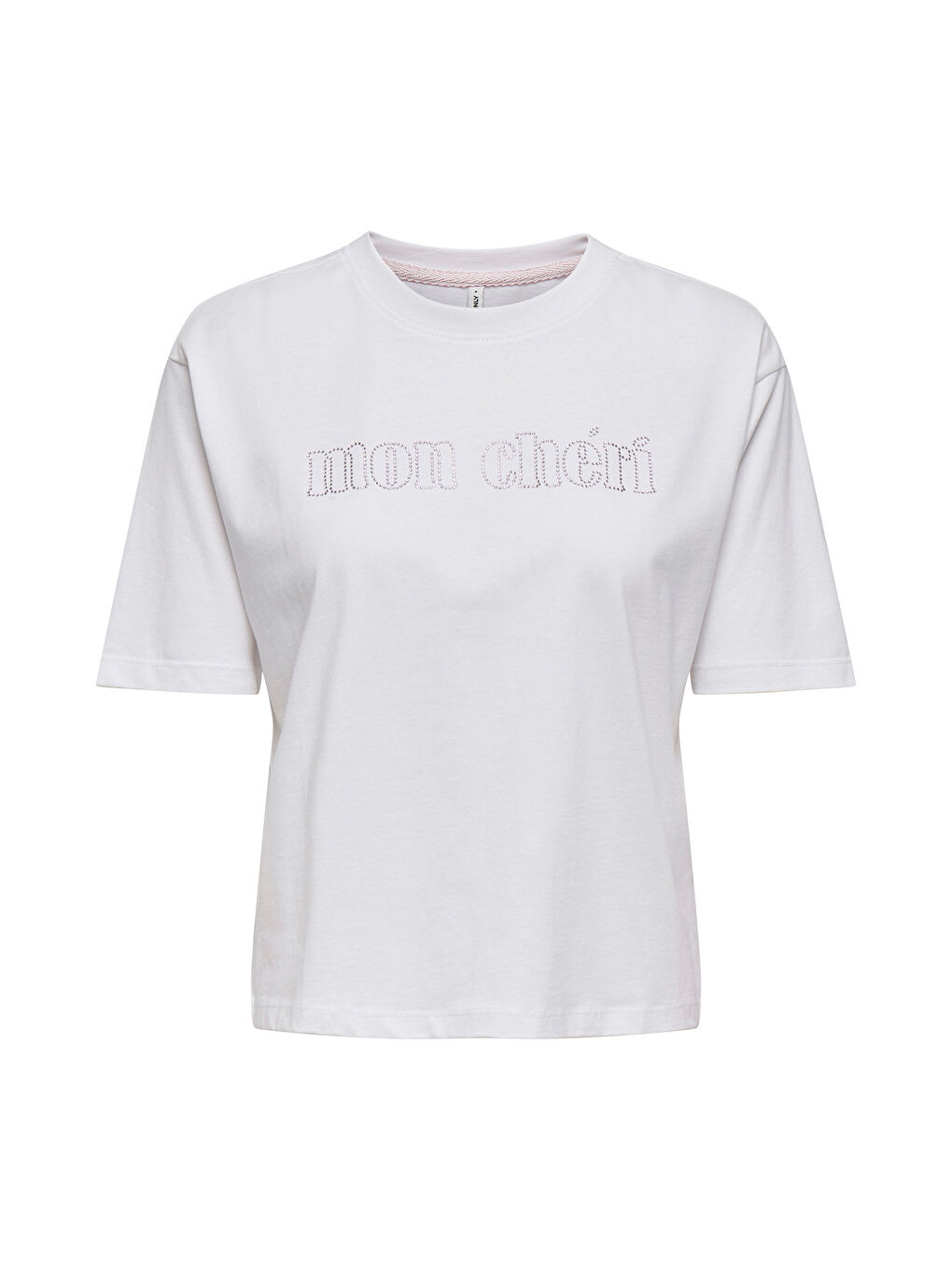 Beyaz Onlrhine Pamuklu Boxy Fit Taş Detaylı Bisiklet Yaka T Shirt 15368901