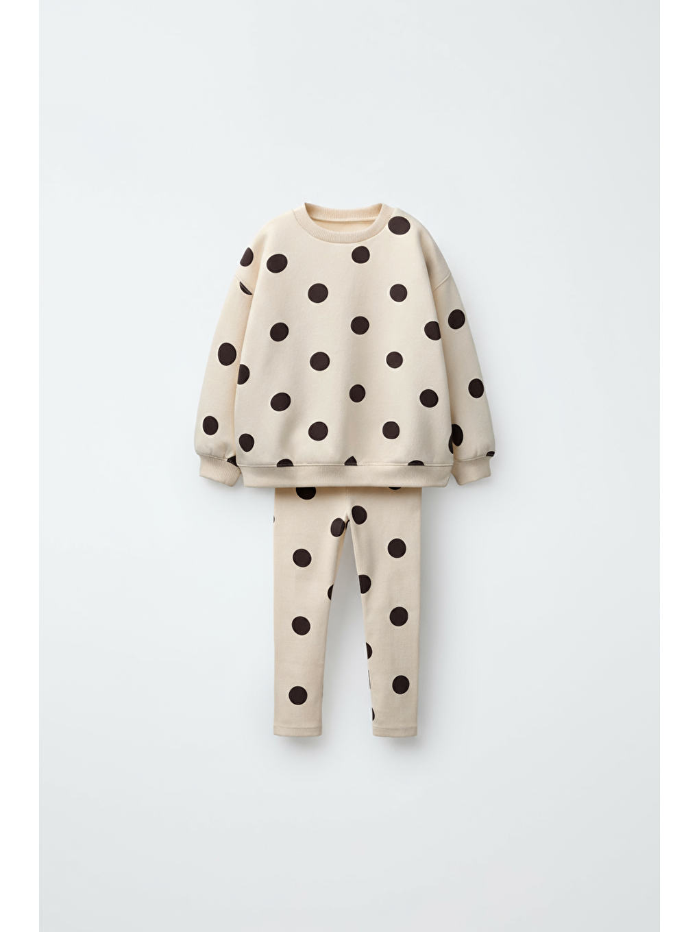 Ekru Kız Çocuk Pamuklu Bej Puantiye Desenli Sweatshirt Tayt Alt-Üst Takım