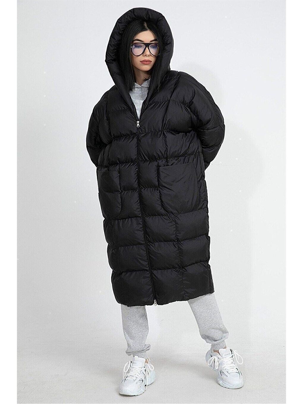 Kapüşonlu Uzun Oversize Şişme Kadın Mont - Siyah-4