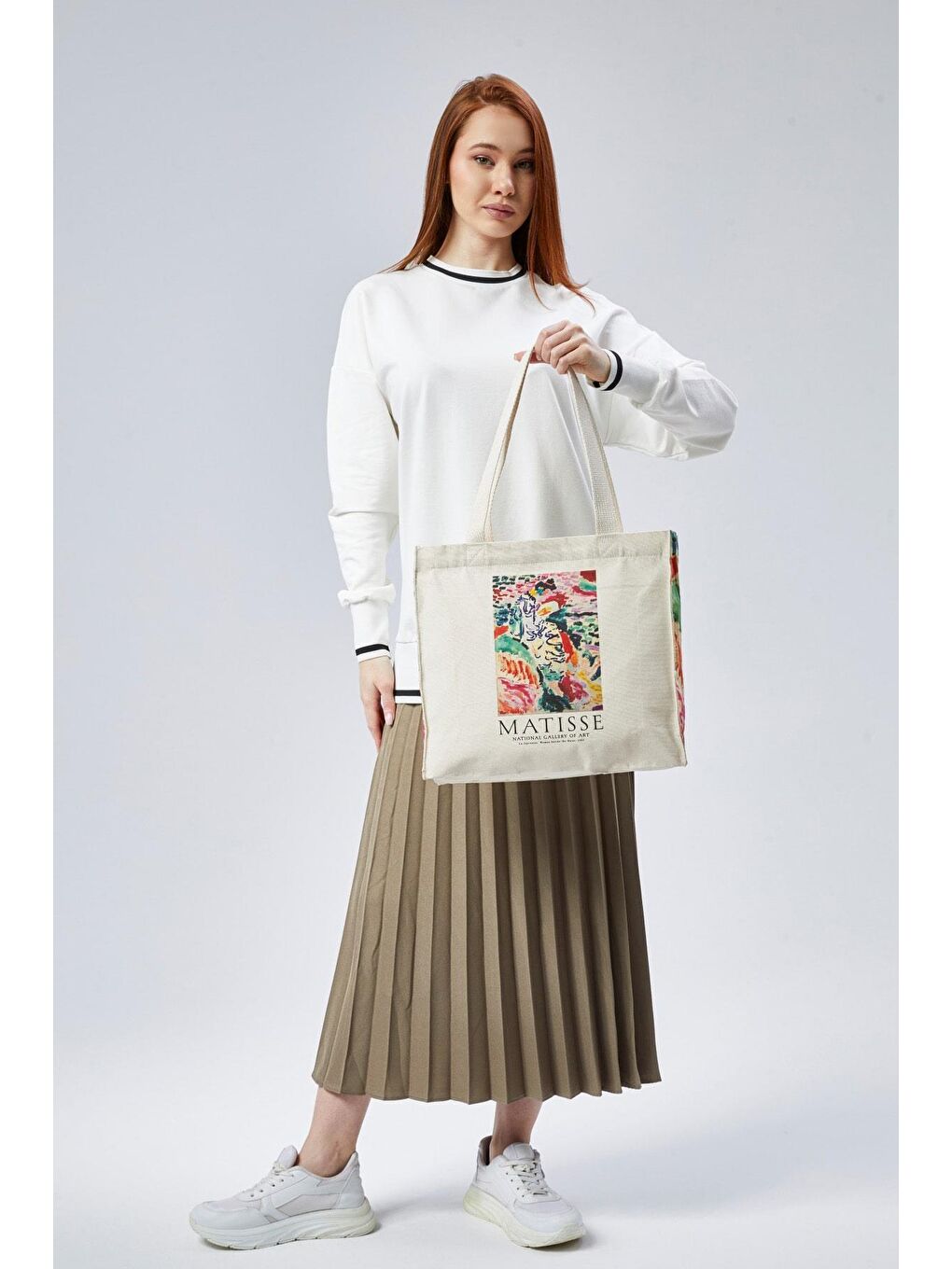 Ekru Kanvas Körükleri Matisse Baskılı Çanta-4