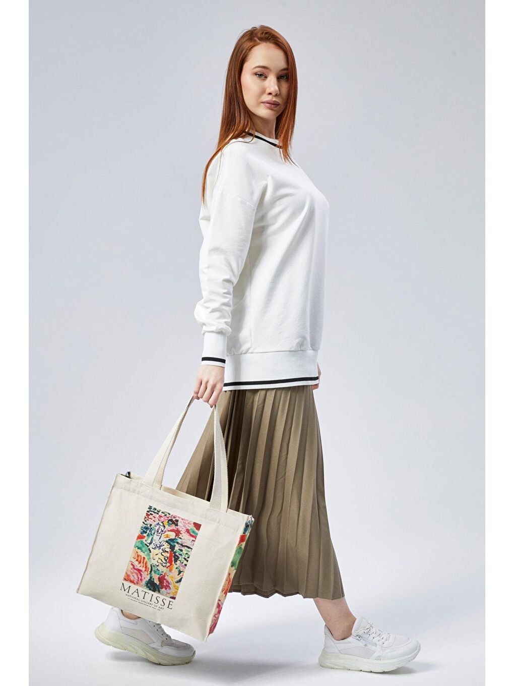 Ekru Kanvas Körükleri Matisse Baskılı Çanta-5