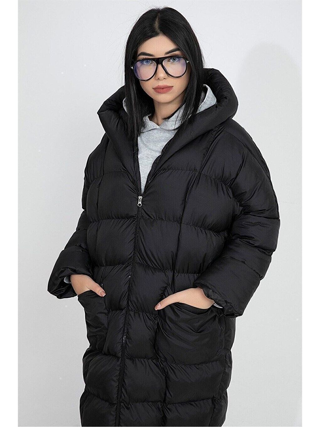 Kapüşonlu Uzun Oversize Şişme Kadın Mont - Siyah-5