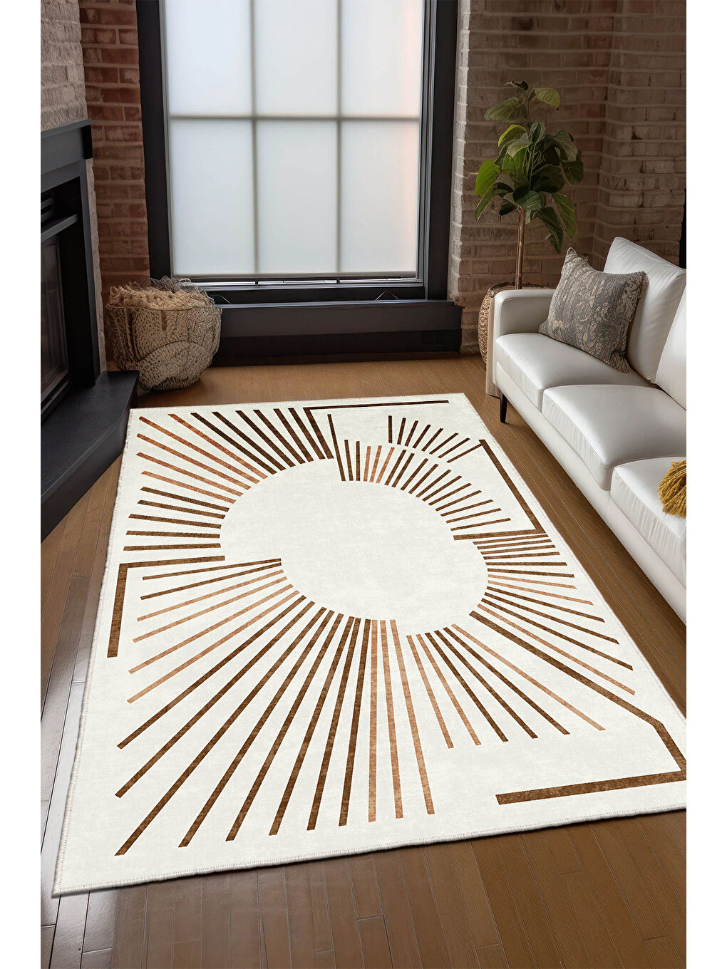 Ekru Dekoratif Özel Tasarım Yıkanabilir İnce Kaymaz Tabanlı Modern Halı KECE FR49-3