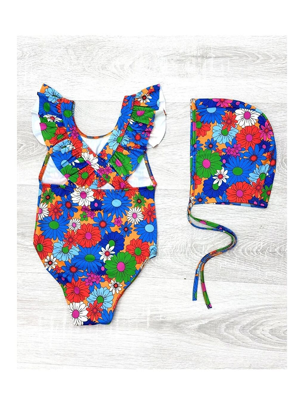 Mavi Sırttan Çapraz Fırfır Detaylı Boneli Kız Çocuk Mayo-1