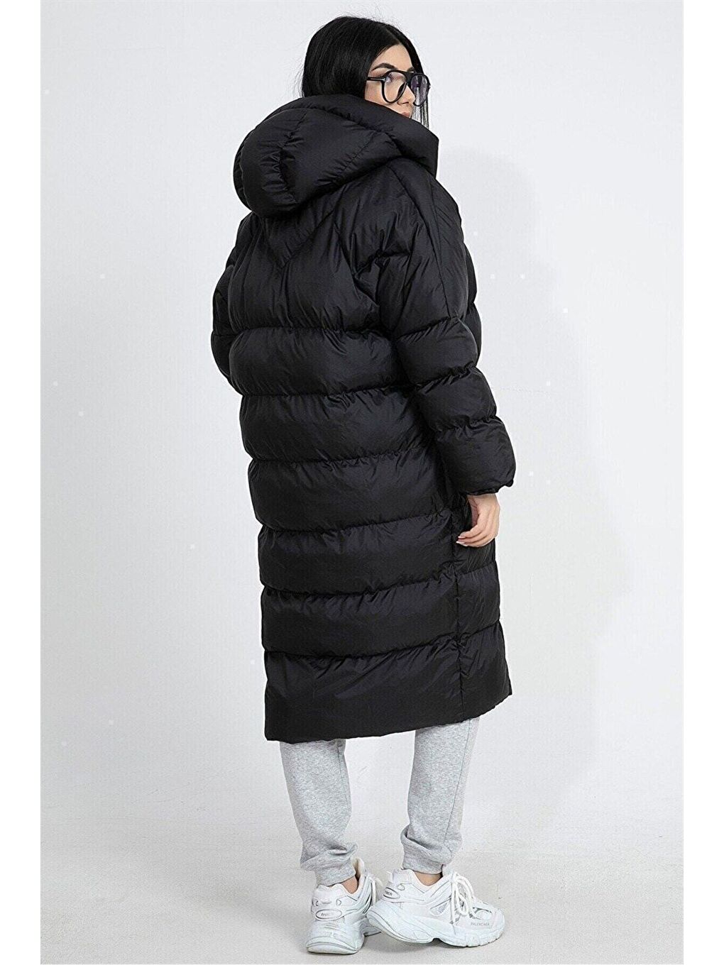 Kapüşonlu Uzun Oversize Şişme Kadın Mont - Siyah-7