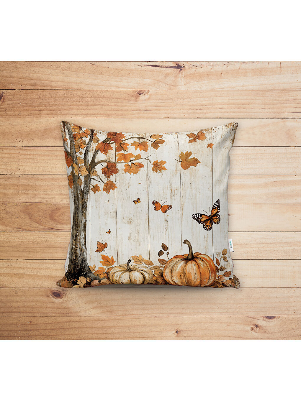 Karışık Çift Taraf Baskılı Kadife Doku Sonbahar Ve Kabak Desenli Kırlent Kılıfı-1