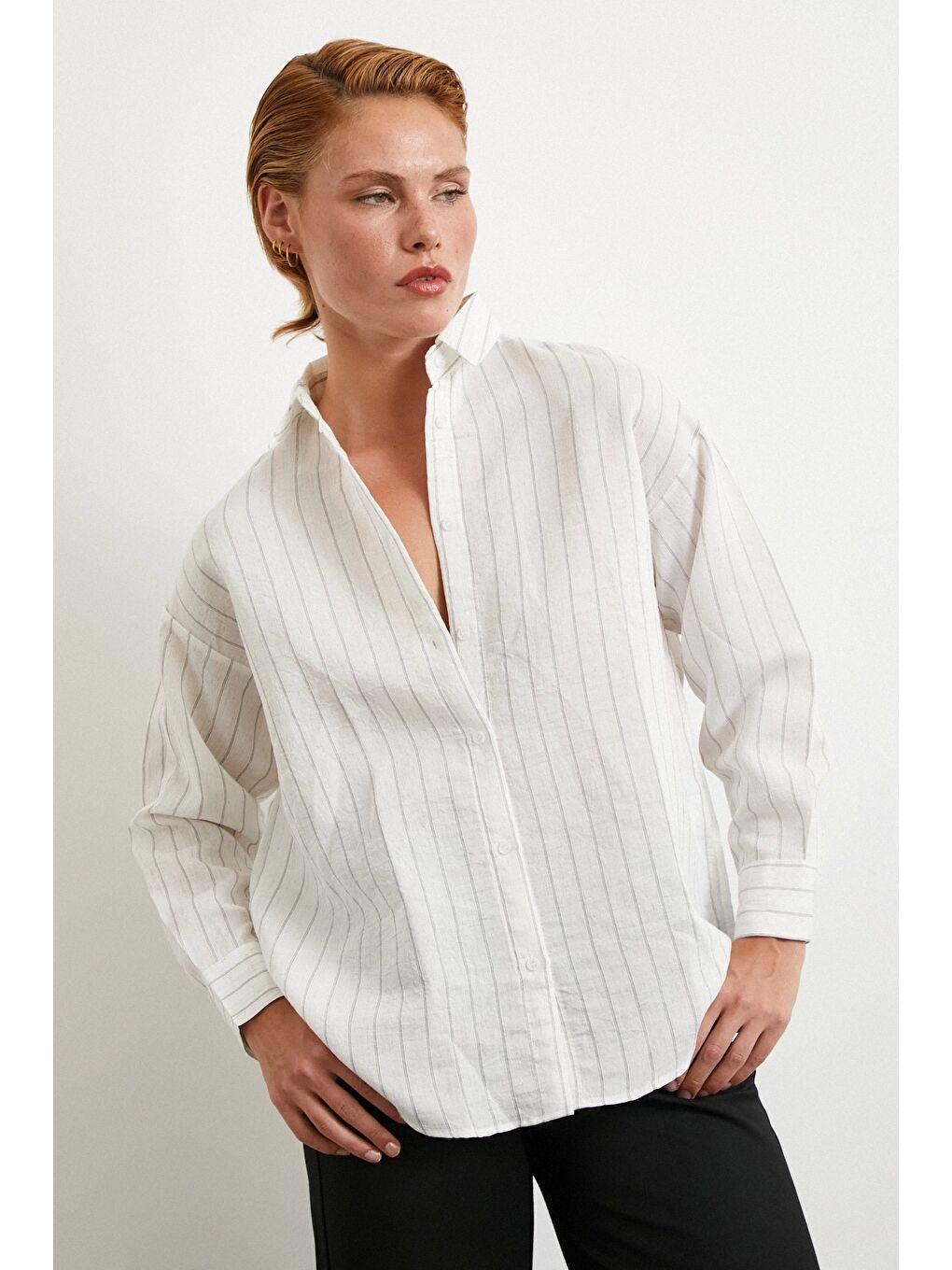 Pamuklu Çizgili Gömlek Beyaz-2