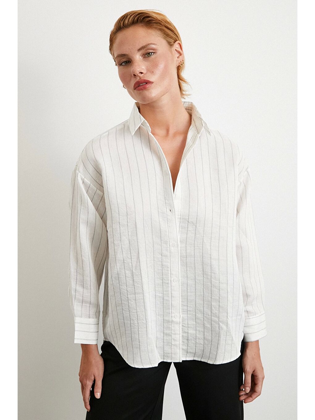 Pamuklu Çizgili Gömlek Beyaz-3